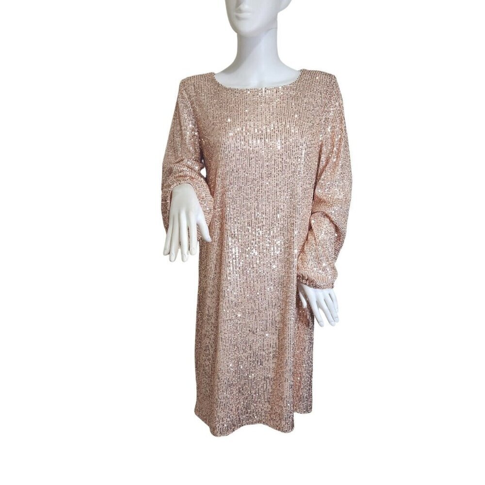 Preston & York Rosa Sequin Dress Long Blouson Sleeve Champagne Gold Size 16 (12)